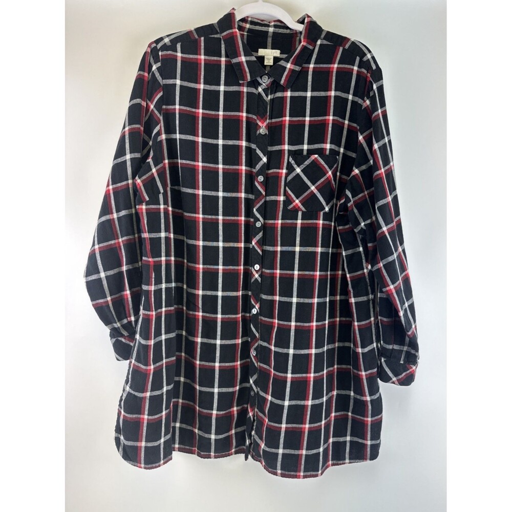 J Jill Plaid Button Down Shirt Tunic Collared Pockets Black Red Cotton Womens 2X